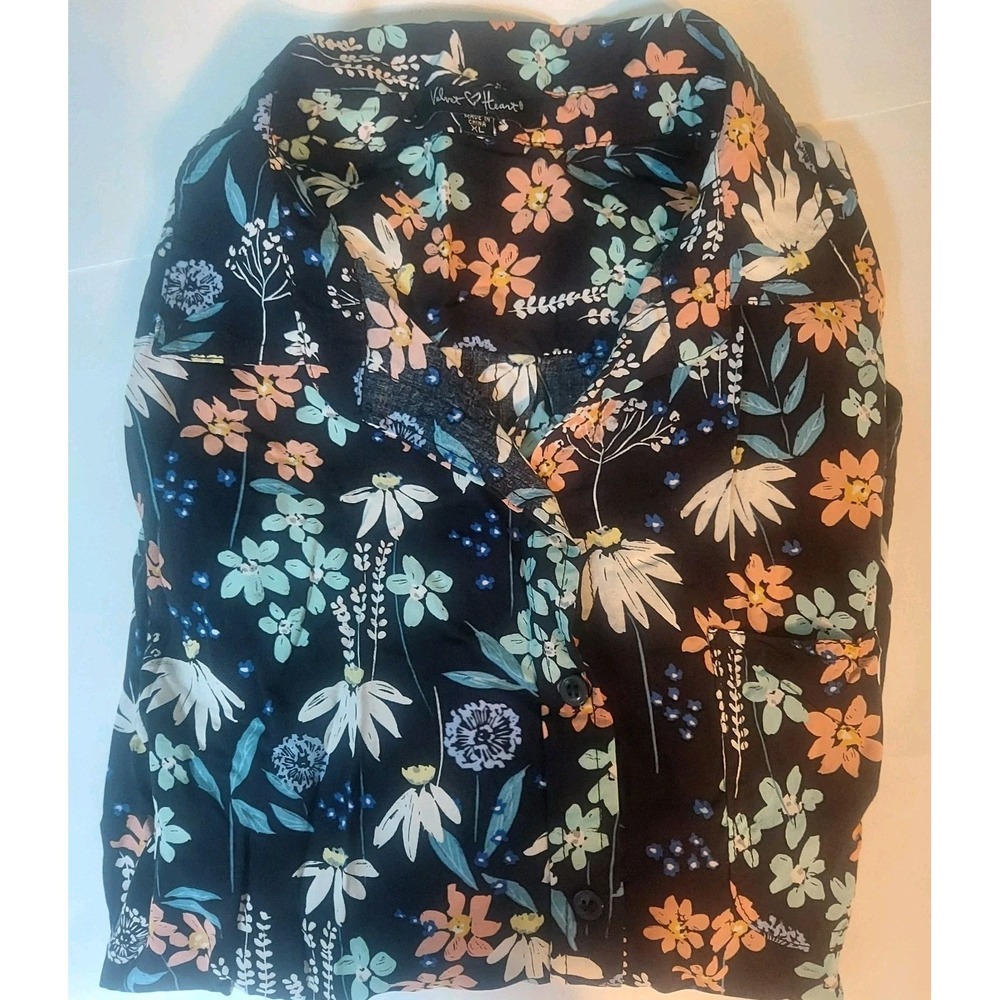 Velvet Heart Women Rayon Black Floral Collared Boho Cottage‎ Blouse XL